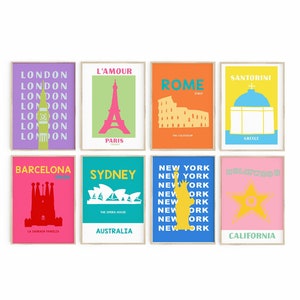 Preppy Poster Set, Reise Poster Set von 8, Maximalistisches Dekor, Trendige Wandkunst, Preppy Dekor, Digitale Bunte Poster, Wahrzeichen Kunstdrucke