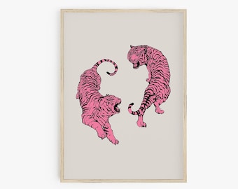 Preppy Tiger Print, Pink Tiger Poster, Preppy Room Decor, Boho Wall Art, Large Poster Animal Print, Trendy Wall Art, Printable Wall Art