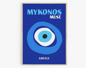 Mykonos Muse Print, Reise Poster, Preppy Room Decor, Evil Eye Digitaldruck, Retro Wandkunst, Maximalist Decor, Retro Poster, printable Art