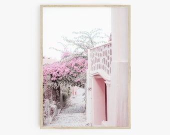 Rosa Architektur Druck, rosa Blumen Kunstdruck, Griechenland Wand Kunst Drucke, Schlafzimmer Dekor, druckbare Kunst, Digitaldrucke, Reisefotografie