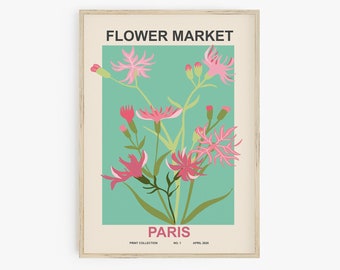 May include: A vintage-style poster with a teal background featuring a bouquet of pink flowers with green stems. The poster has the text "FLOWER MARKET PARIS" and "PRINT COLLECTION NO. 1 APRIL 2023".