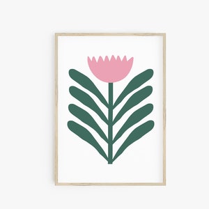May include: A simple, stylized illustration of a pink flower with green leaves. The flower is in the center of the image and has a rounded shape with five points. The leaves are arranged around the flower and are also rounded.