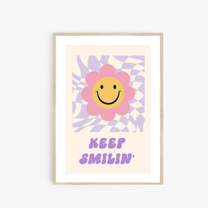 Keep Smilin Poster Print, Y2K Poster, 90s Aesthetic, Happy Face Flower, Dorm Room Decor, Girls Room Wall Art, Smiley Face Retro Flower Print