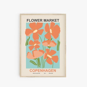 Pode incluir: Um pôster com fundo azul e um design floral. O pôster diz "Flower Market Copenhagen" e "Print Collection No. 4 April 2022".