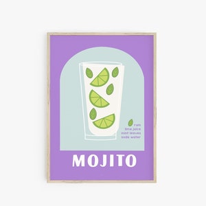 Mojito Print, Retro Cocktail Print, adrettes Zimmer Dekor, maximalistisches Dekor, Bar Cart Print, adrettes Poster, maximalistische Wandkunst, druckbare Kunst