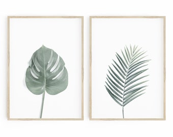 Conjunto de impresión de hojas tropicales de 2 impresiones, arte de pared botánico, impresión de monstera impresión de arte de hoja de palma impresión de helecho hojas verdes arte de pared imprimible grande