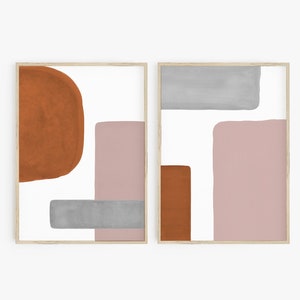 Set of 2 Abstract Mid Century Modern Prints ,Geometric Shapes, Terracotta Blush Pink Grey Large Modern Wall Art Printable Art Digital Prints