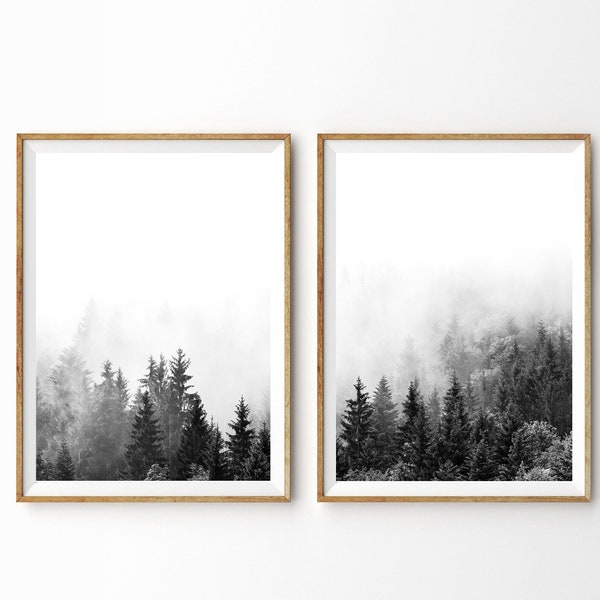 Forest Print Set of 2 Modern Wall Art Minimalist Decor Black and White 2 Piece Landscape Photography Misty Mountain Foggy Forest Nordic