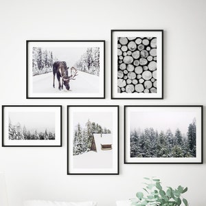 Winter Wall Art Prints Christmas Decor Wall Gallery Set of 5 Prints Winter Photography Snow Covered Pine Trees Moose Log Cabin Printable Art