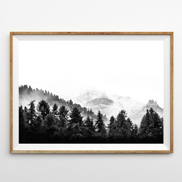 Mountain Print Forest Print Horizontal Large Wall Art Prints Landscape Photo Nature Poster Printable Art Nordic Print Black and White Foggy