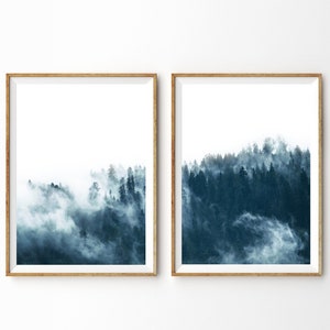 2 peças de arte de parede de floresta para impressão, floresta nebulosa, pôster da natureza, conjunto de 2 impressões, fotografia de paisagem, impressão selvagem, azul índigo