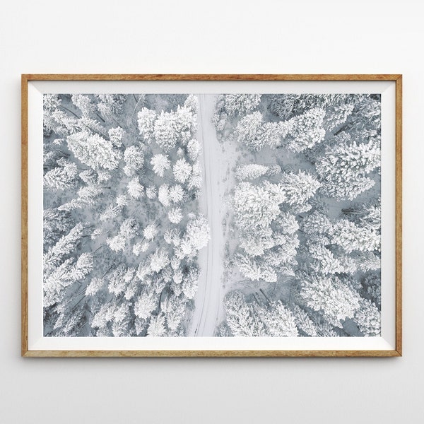 Aerial Photography Winter Trees Print Horizontal Print Landscape Photo Printable Wall Art Nature Print Snowy Pine Trees Large Winter Poster