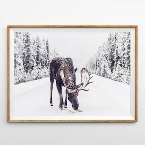 Moose in Snow Print Winter Wall Art Prints Christmas Decor Farmhouse Print Rustic Christmas Printable Art Instant Download Large Poster