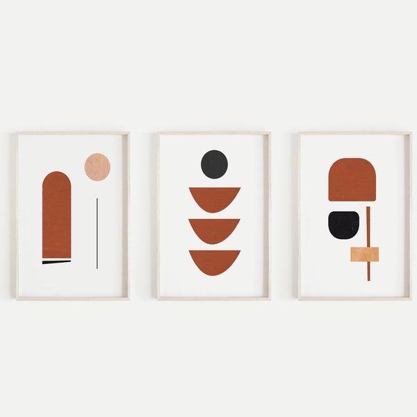 Geometrische abstracte kunst set van 3 prints Terracotta Wall Art Prints abstracte vormen muur Gallery Set Mid Century moderne kunst downloadbare kunst