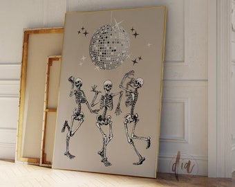 Impresión de Halloween de esqueletos bailando, arte de pared de bola de discoteca, arte imprimible, arte de pared de moda, cartel divertido de Halloween, fiesta de Halloween de muy buen gusto