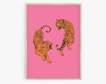Estampado de tigre naranja rosa, decoración de la habitación de muy buen gusto, cartel de tigre de muy buen gusto, arte de pared Boho, cartel imprimible grande, estampado animal, arte de pared de moda