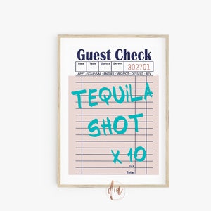 Gast Check Print, Tequila Shot Trendy Wandkunst, Alkohol Print, Retro Poster, College Wohnung Bar Cart Print, Wohnheim Zimmer Digitaldrucke