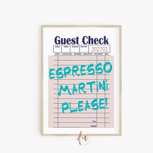 Gast Check Print, Espresso Martini, trendige Wandkunst, Retro Poster, adrette Zimmerdekoration, druckbare Barwagen Drucke, Wohnheim Zimmer Digitaldrucke