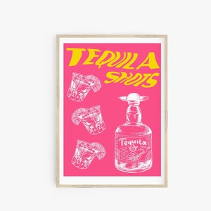 Impresión de póster de tragos de tequila, decoración maximalista, póster de cóctel retro rosa fuerte, póster de cóctel preppy, decoración de habitación preppy, carrito de bar imprimible