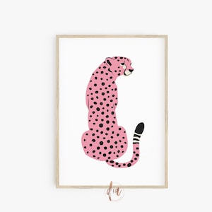 Impresión de arte de guepardo preppy rosa, arte de pared de moda, impresión de cartel de leopardo, decoración de habitación de muy buen gusto, impresión de animales grandes, arte de pared imprimible, impresión de tigre