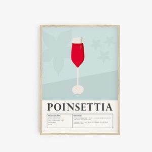 Impresión de cócteles navideños, póster de cócteles navideños, impresión de recetas de Poinsettia Mimosa moderna de mediados de siglo, póster imprimible con impresiones de carritos de bar retro