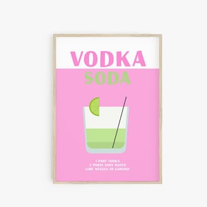 Vodka Soda druckbare Poster, Cocktail Wand Kunstdruck, rosa grün Getränk Druck, Alkohol Druck, adrette Zimmer Dekor, Bar Cart Decor adrette Poster