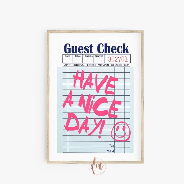 Guest Check Print, Have a Nice Day Retro Poster, Trendy Wall Art, Preppy Room Decor, College Apartment Print, Girls Dorm Room Digital Prints