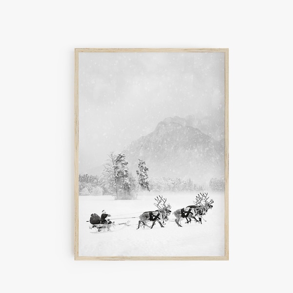 Nordic Christmas Print, Black White Winter Wall Art, Classic Christmas Printable, Holiday Decor, Scandi Decor, Santa's Sleigh w Reindeer