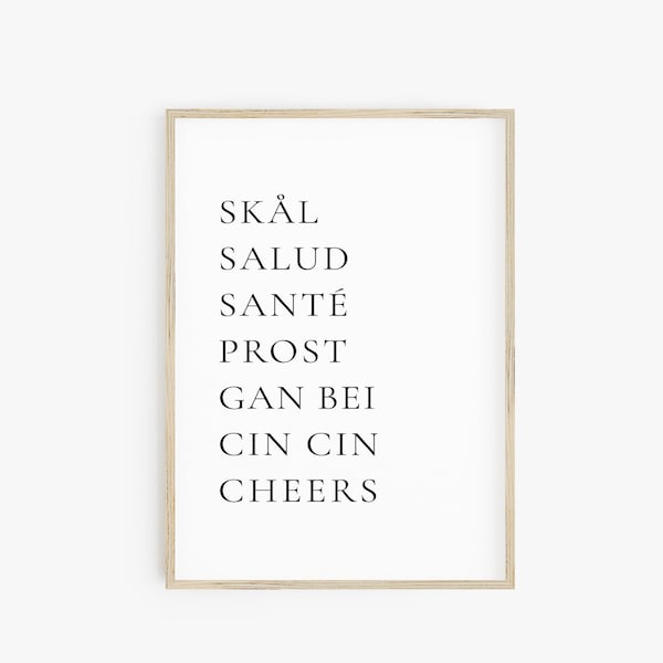 Cheers Salud Skal Prost Printable Poster, Cheers Sign, Bar Cart Print, Cocktail Print, Bar Typography, Cin Cin, Sante, Gan Bei, Bar Decor