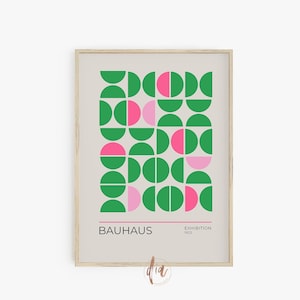 Affiche d’exposition Bauhaus, impression Bauhaus vert rose, cercles géométriques, art mural preppy, moderne du milieu du siècle, affiche rétro, art imprimable