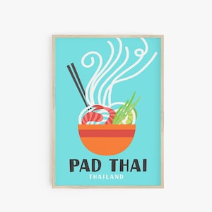Pad Thai Poster, Retro Food Print, Mid Century Modern, Preppy Room Decor, Maximalist Decor, Food Pop Art, Asian Food Poster, Noodles Art
