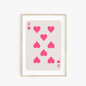 Cartel del 8 de corazones, impresión digital, impresiones de arte de pared de moda, naipes de color rosa intenso, estética de habitación retro, arte imprimible, impresión de pared de galería
