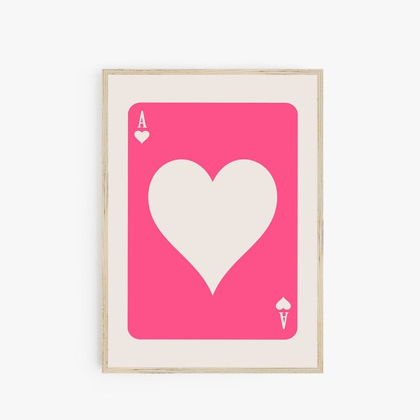 Hot Pink Ace of Hearts Poster, Trendy Wall Art, Playing Cards Print, Retro Room Aesthetic, Modern Preppy Wall Art, Digital Download