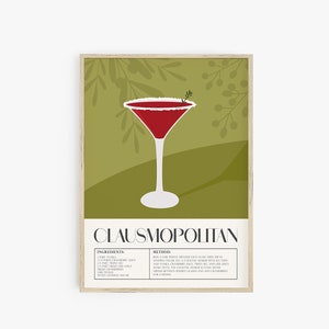 Cartel de cóctel, impresión de cóctel navideño, impresión de carrito de bar retro, cartel navideño moderno de mediados de siglo, cóctel de Navidad, bebida clausmopolitana