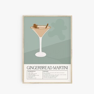 Impresión de póster de cóctel, impresión de cóctel navideño moderno de mediados de siglo, impresión de receta de martini de pan de jengibre, impresión de carrito de bar retro, arte de pared imprimible