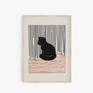 Katze Poster, Boho Katze Wandkunst, abstrakte schwarze Katze Illustration, druckbares Poster, Katzenliebhaber Dekor, Line Art Print