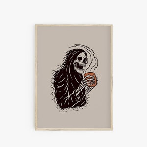 Grim Reaper Print, Funny Halloween Print, Skeleton with Coffee, Halloween Decor, Digital Prints, Printable Poster, Halloween Wall Art Prints