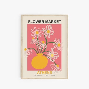 Impresión del mercado de flores, cartel imprimible de margaritas, cartel del mercado de flores, flores de primavera en jarrón, impresión de arte floral abstracto decoración de la habitación del dormitorio de las niñas