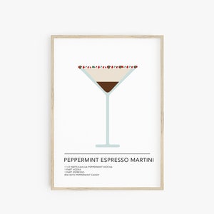 Przepis na miętowy espresso Martini, wydruki na wózek barowy, świąteczny koktajl, plakat do wydrukowania, zimowy koktajl, świąteczny napój, wystrój baru