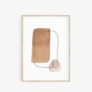 Op de afbeelding: Abstracte kunstprint met een bruin en roze aquarelontwerp. De print bevat een bruin rechthoek met een zwarte omtrek en een roze cirkel met een zwarte omtrek.