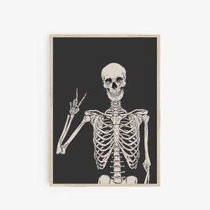 May include: A black and white illustration of a skeleton giving the peace sign. The skeleton is on a black background.