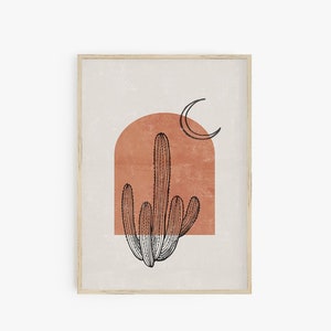 Abstrakter Boho Kaktus Druck, Wüsten Mond Wand Kunst, Kaktus Linie Kunst, Digitaldrucke, Boho Dekor, druckbare Wand Kunst Terrakotta schwarz Kunst
