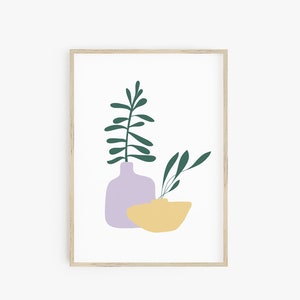 Jarrones con flores, estampado de flores en colores pastel daneses, estampado de flores abstractas, decoración en colores pastel daneses, impresiones de arte de pared boho, póster imprimible en color púrpura