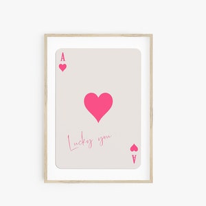 Lucky You trendy muurkunst posterafdruk, roze harten aas speelkaart, retro kunst aan de muur, moderne preppy print, galerij muurkunst digitale print