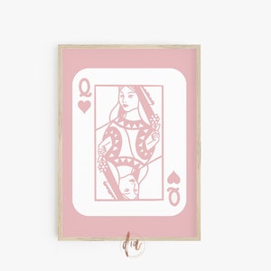 Cartel retro de moda rosa rubor, impresión de naipes reina de corazones, estética de habitación preppy, impresión de pared de galería, impresión digital de decoración de dormitorio