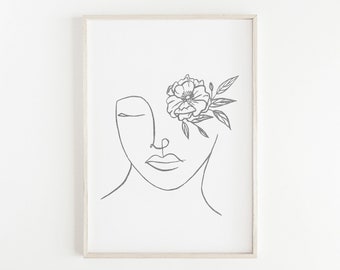 Female Face Line Art Print Flower Eye Printable Wall Art Minimal Print Woman's Face Line Drawing Downloadable Art Modern Abstract Art Print