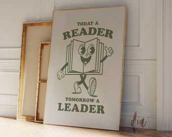 Cartel del aula, lectura de arte de pared imprimible, dibujos animados de personajes de mascotas de libros retro, impresión digital, impresión de arte de los años 70, arte imprimible de educación en el hogar