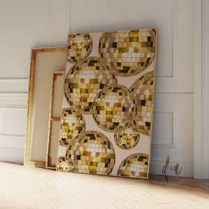 Gouden discobal print, preppy poster print, trendy kunst aan de muur, retro prints, downloadbare kunst, appartement esthetische disco party slaapzaal decor