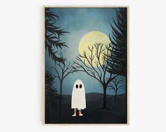 May include: A white ghost with orange and black striped socks stands in a dark forest under a large yellow moon. The trees are silhouetted against the blue night sky.