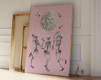Esqueletos danzantes Arte de pared de Halloween, Impresión estética de bola de discoteca, Arte de pared imprimible en rosa, Póster de moda, Decoración funky, Halloween divertido